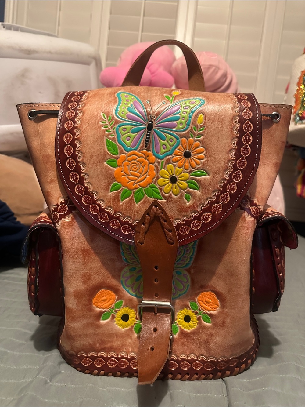 Hand-Painted Floral Butterfly Leather Backpack - Tan